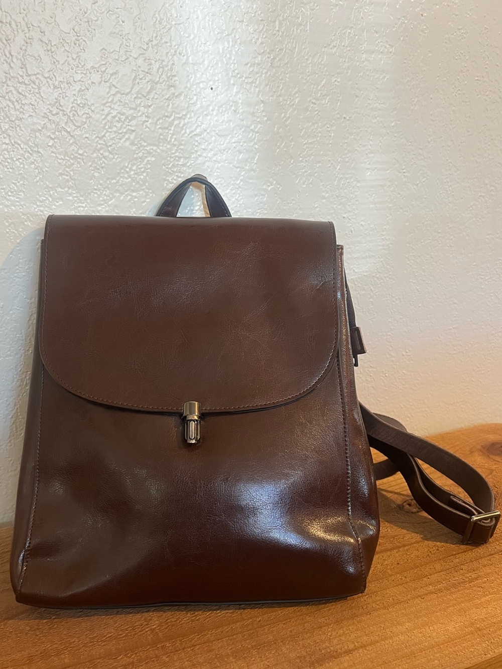 Chocolate Brown Leather Backpack Purse Sleek Minimalist Bag S-ZONE
